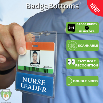 Displaying the NURSE LEADER BadgeBottom Badge Holder & Buddy, its double-sided design and scan feature enable quick role recognition, all secured in a premium horizontal badge sleeve.