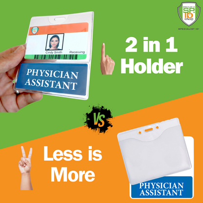 The "PHYSICIAN ASSISTANT BadgeBottom Badge Holder & Badge Buddy IN ONE" features a dual-use design with "2 in 1 Holder" and "Less is More," showcasing card comparisons, ideal for Physician Assistant role identification.