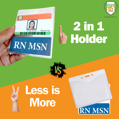 An RN MSN BadgeBottom Holder features a photo ID and RN MSN label, while the adjacent blank holder displays "Less is More" beside a peace sign, underscoring simplicity in role identification with your Medical ID Badge.