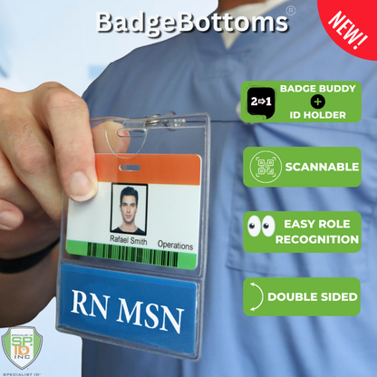 A person holds the RN MSN BadgeBottom Badge Holder & RN MSN Badge Buddy IN ONE!!, a double-sided badge displaying a photo, name, and role, plus an add-on tag for quick role recognition and scannability—ideal as an RN Badge Holder with its efficient system.