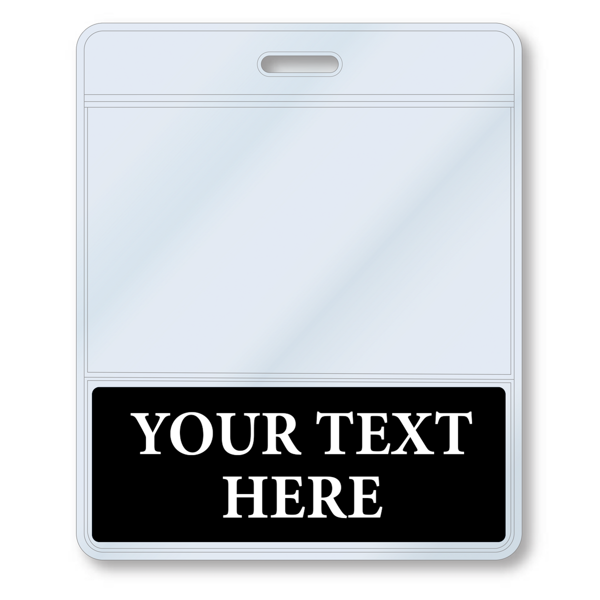 BBottoms-Black-H Black - A Custom Printed BadgeBottoms® Horizontal (Badge Holder & Badge Buddy IN ONE) with a customizable title and a text field at the bottom displaying "YOUR TEXT HERE" in white uppercase letters on a black background.