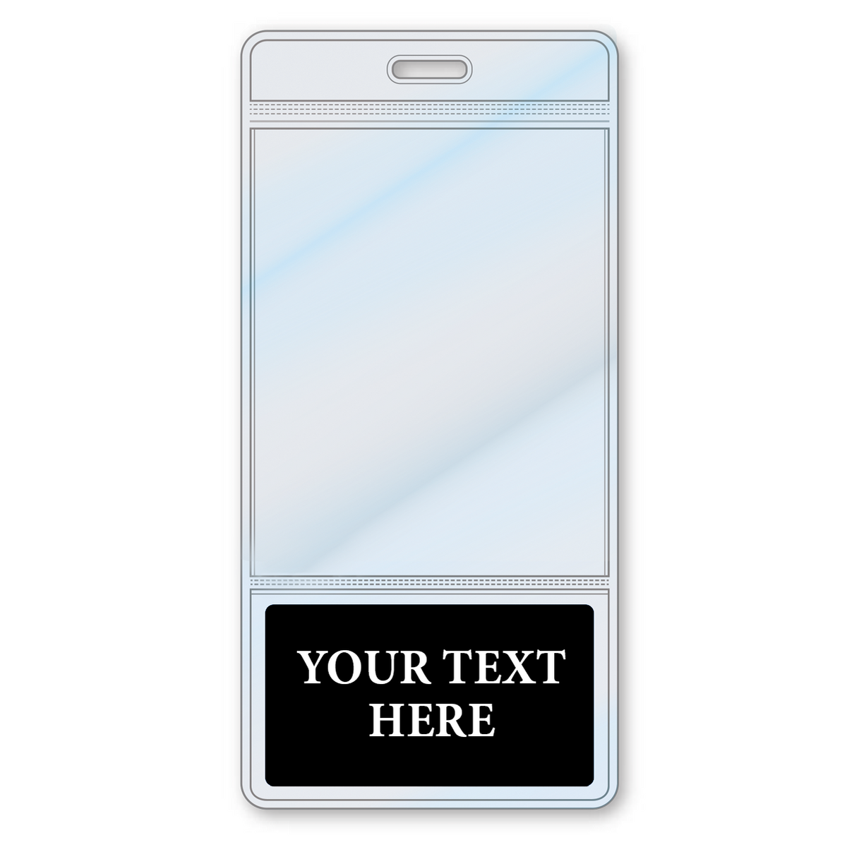BBottoms-Black-V Black - A Custom Printed BadgeBottoms® Vertical (Badge Holder & Badge Buddy IN ONE!!) serves as a role identifying badge holder with space for custom text at the bottom section and an empty upper section for additional details or an image.