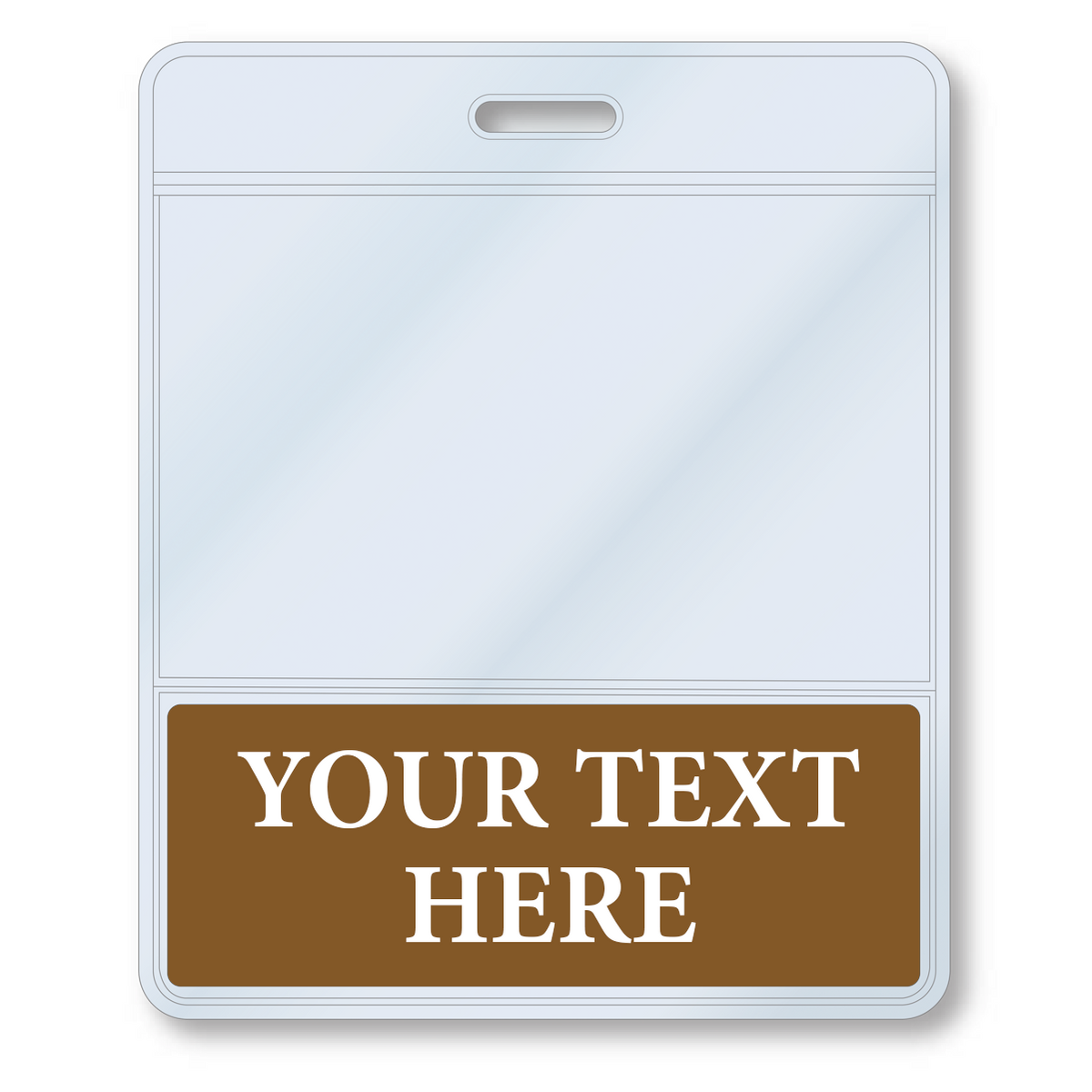 BBottoms-Brown-H Brown - A Custom Printed BadgeBottoms® Horizontal (Badge Holder & Badge Buddy IN ONE) with a white upper section and a brown bottom section labeled "Your Text Here." The customizable title allows for personalized text, and the badge has a slot at the top for attachment.