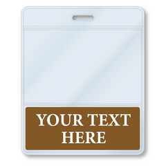 A Custom Printed BadgeBottoms® Horizontal (Badge Holder & Badge Buddy IN ONE) with a white upper section and a brown bottom section labeled "Your Text Here." The customizable title allows for personalized text, and the badge has a slot at the top for attachment.