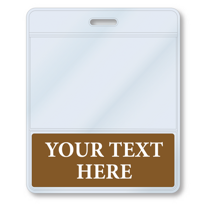 A Custom Printed BadgeBottoms® Horizontal (Badge Holder & Badge Buddy IN ONE) with a white upper section and a brown bottom section labeled "Your Text Here." The customizable title allows for personalized text, and the badge has a slot at the top for attachment.
