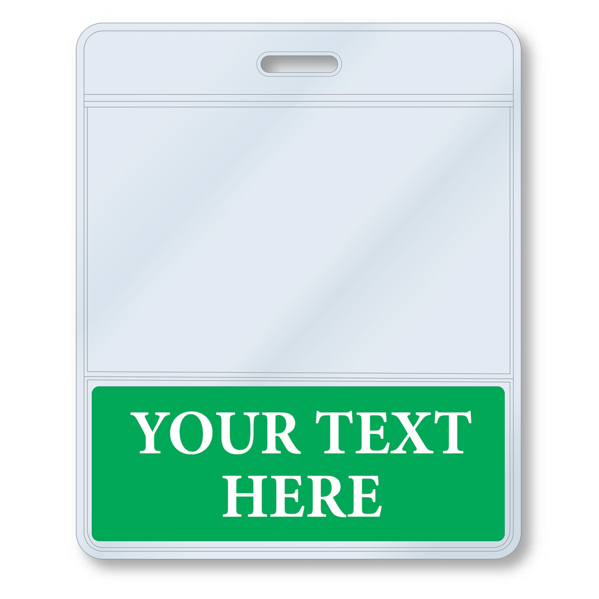 BBottoms-Green-H Green - A Custom Printed BadgeBottoms® Horizontal (Badge Holder & Badge Buddy IN ONE) with a green section at the bottom that reads "YOUR TEXT HERE" in white capital letters, perfect for a customizable title.