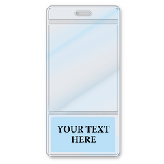 An empty Custom Printed BadgeBottoms® Vertical (Badge Holder & Badge Buddy IN ONE!!) with "YOUR TEXT HERE" written in a blue space at the bottom. Sold by Specialist ID.