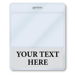 A Custom Printed BadgeBottoms® Horizontal (Badge Holder & Badge Buddy IN ONE) with a top slot for insertion, featuring "YOUR TEXT HERE" at the bottom in bold black letters. Sold by Specialist ID.