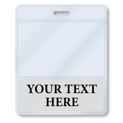 A Custom Printed BadgeBottoms® Horizontal (Badge Holder & Badge Buddy IN ONE) with a top slot for insertion, featuring "YOUR TEXT HERE" at the bottom in bold black letters. Sold by Specialist ID.