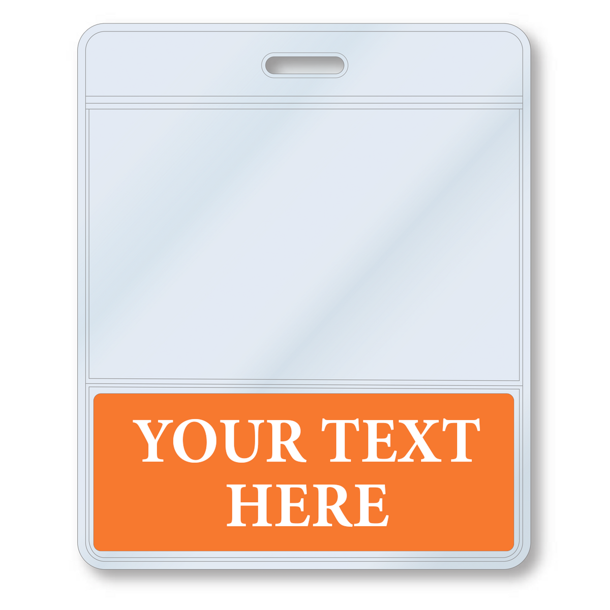 BBottoms-Orange-H Orange - A Custom Printed BadgeBottoms® Horizontal (Badge Holder & Badge Buddy IN ONE) with an orange section at the bottom displaying the customizable title "YOUR TEXT HERE" in white letters.