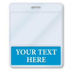 A Custom Printed BadgeBottoms® Horizontal (Badge Holder & Badge Buddy IN ONE) with a customizable title area at the top and the words "YOUR TEXT HERE" in white on a blue background at the bottom.
