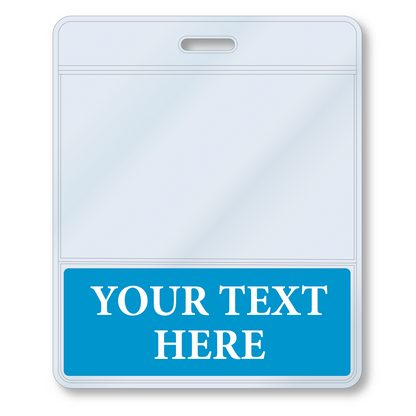 A Custom Printed BadgeBottoms® Horizontal (Badge Holder & Badge Buddy IN ONE) with a customizable title area at the top and the words "YOUR TEXT HERE" in white on a blue background at the bottom.