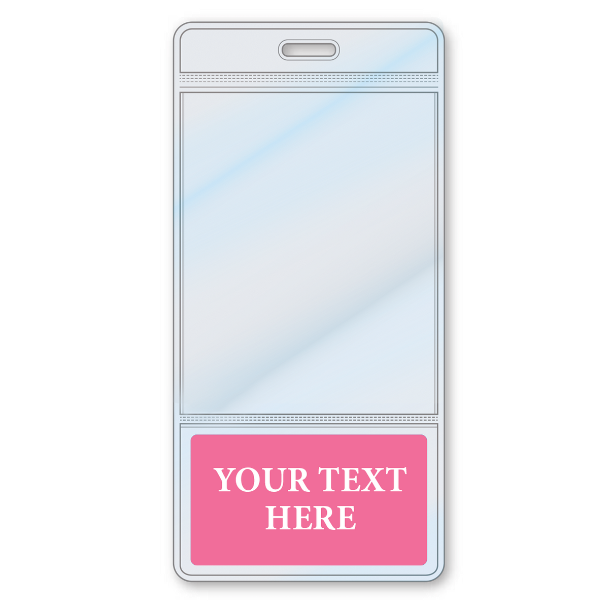 BBottoms-Pink-V Pink - A Custom Printed BadgeBottoms® Vertical (Badge Holder & Badge Buddy IN ONE!!) featuring a clear vertical ID display and a pink bottom section for your text. Sold by Specialist ID.