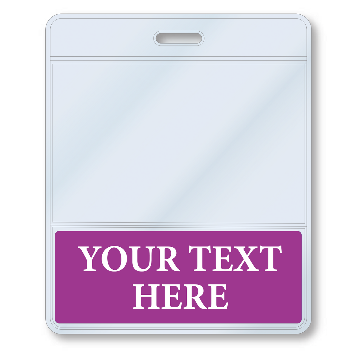 BBottoms-Purple-H Purple - A Custom Printed BadgeBottoms® Horizontal (Badge Holder & Badge Buddy IN ONE) with a purple section at the bottom labeled "Your Text Here." This customizable title badge includes a slot at the top for attaching to a lanyard.