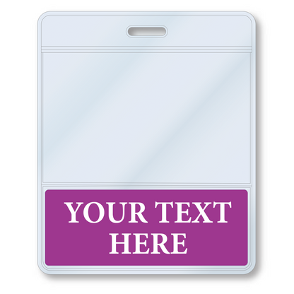 A Custom Printed BadgeBottoms® Horizontal (Badge Holder & Badge Buddy IN ONE) with a purple section at the bottom labeled "Your Text Here." This customizable title badge includes a slot at the top for attaching to a lanyard.