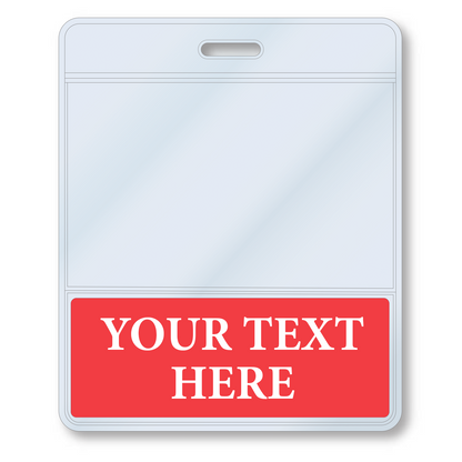 A white Custom Printed BadgeBottoms® Horizontal (Badge Holder & Badge Buddy IN ONE) with a red bottom section displaying the customizable title "YOUR TEXT HERE" in white letters. The badge holder has a slot at the top for attaching to a lanyard, making it perfect for any event or workplace.
