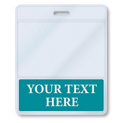 A Custom Printed BadgeBottoms® Horizontal (Badge Holder & Badge Buddy IN ONE) with space for a customized title, featuring a slot for attachment and a teal Badge Bottoms area labeled "YOUR TEXT HERE.