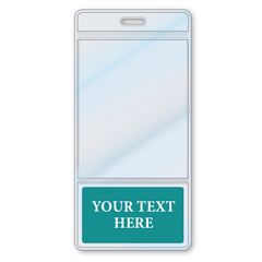 A Custom Printed BadgeBottoms® Vertical (Badge Holder & Badge Buddy IN ONE!!) with a teal section at the bottom displaying "Your Text Here." The badge has a slot at the top for easy attachment, making it the perfect role identifying badge holder.