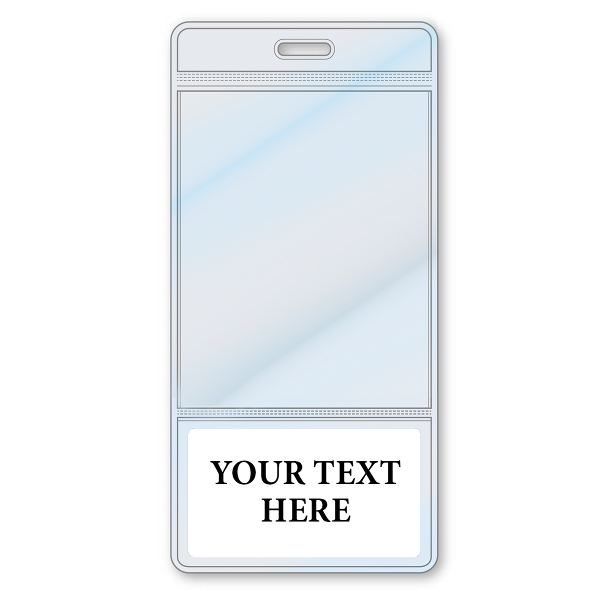BBottoms-White-V White - A Custom Printed BadgeBottoms® Vertical (Badge Holder & Badge Buddy IN ONE!!) with a slot for a lanyard at the top and a placeholder text "YOUR TEXT HERE" at the bottom, perfect for customization.