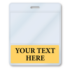 A Custom Printed BadgeBottoms® Horizontal (Badge Holder & Badge Buddy IN ONE) with a clear plastic badge holder and a yellow Badge Bottoms section at the bottom displaying the customizable title "YOUR TEXT HERE.