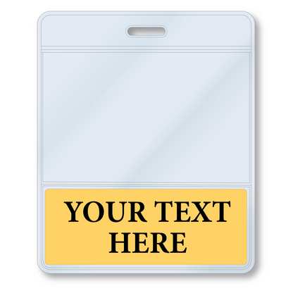 A Custom Printed BadgeBottoms® Horizontal (Badge Holder & Badge Buddy IN ONE) with a clear plastic badge holder and a yellow Badge Bottoms section at the bottom displaying the customizable title "YOUR TEXT HERE.
