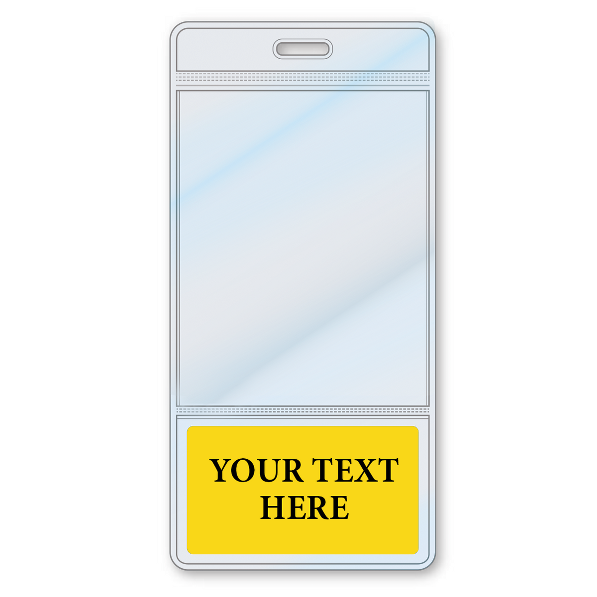 BBottoms-Yellow-V Yellow - Illustration of a blank vertical Custom Printed BadgeBottoms® Vertical (Badge Holder & Badge Buddy IN ONE!!) with a white background and a yellow area labeled "YOUR TEXT HERE" at the bottom, perfect for customizable badge holders.