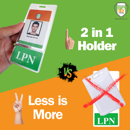 A hand holds an LPN BadgeBottom Badge Holder & Badge Buddy IN ONE!! - Vertical ID Badge Sleeve with Bottom Role Tag for Nurses. Text reads "2 in 1 Holder" and "Less is More" with a crossed-out double holder beside it. Specialist ID Inc. logo in the top right. Customize with BadgeBottoms for your medical title display, enhancing your ID badge holders' functionality seamlessly.