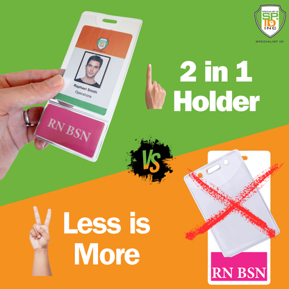 A hand holds an RN BSN BadgeBottom Badge Holder & Badge Buddy IN ONE!! - Vertical ID Badge Sleeve with Bottom Role Tag for Registered Nurses featuring a name tag and "RN BSN" title, compared to an empty plastic badge holder. Text reads "2 in 1 Holder" and "Less is More" with labels "VS." in between.