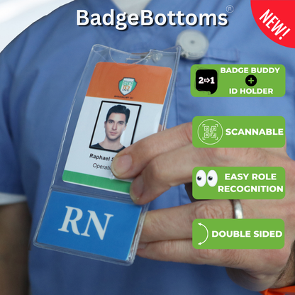 Close-up of a person holding an RN BadgeBottom Badge Holder & Badge Buddy IN ONE!! - Vertical ID Badge Sleeve with Bottom Role Tag for Registered Nurses displaying a photo ID and an RN label. Features include scannable, easy role recognition, double-sided, and badge buddy function for seamless role identification.