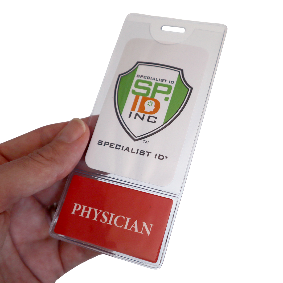 PHYSICIAN BadgeBottom Badge Holder & Badge Buddy IN ONE!! - Vertical ID Badge Sleeve with Bottom Role Tag for Doctors