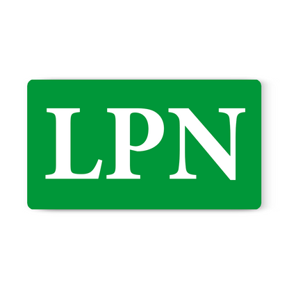 A green rectangular sign with the white, bold letters "Vertical Custom BadgeBottoms Insert Only (Holder Not Included) - Add Your Unique Title" centered on it, perfect for a medical workplace and compatible with customizable inserts.