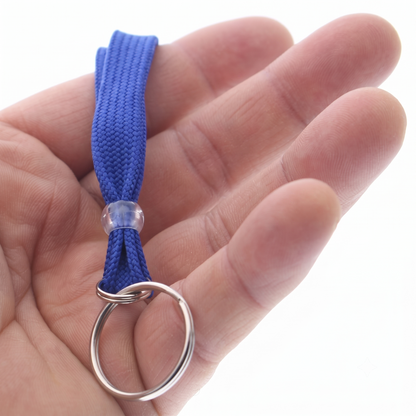 A hand holds a Royal Blue Premium Key Ring Lanyard with Breakaway Clasp - 3/8 Inch Wide Lanyard with Split Ring Keychain (BL-34R). Sold by Specialist ID.