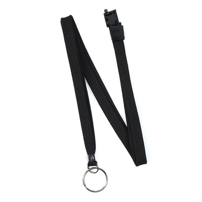 Premium Key Ring Lanyard with Breakaway Clasp (BL-34R), featuring a 3/8 inch wide black fabric strap, a metal split ring keychain, and a black plastic breakaway connector, displayed on a white background.