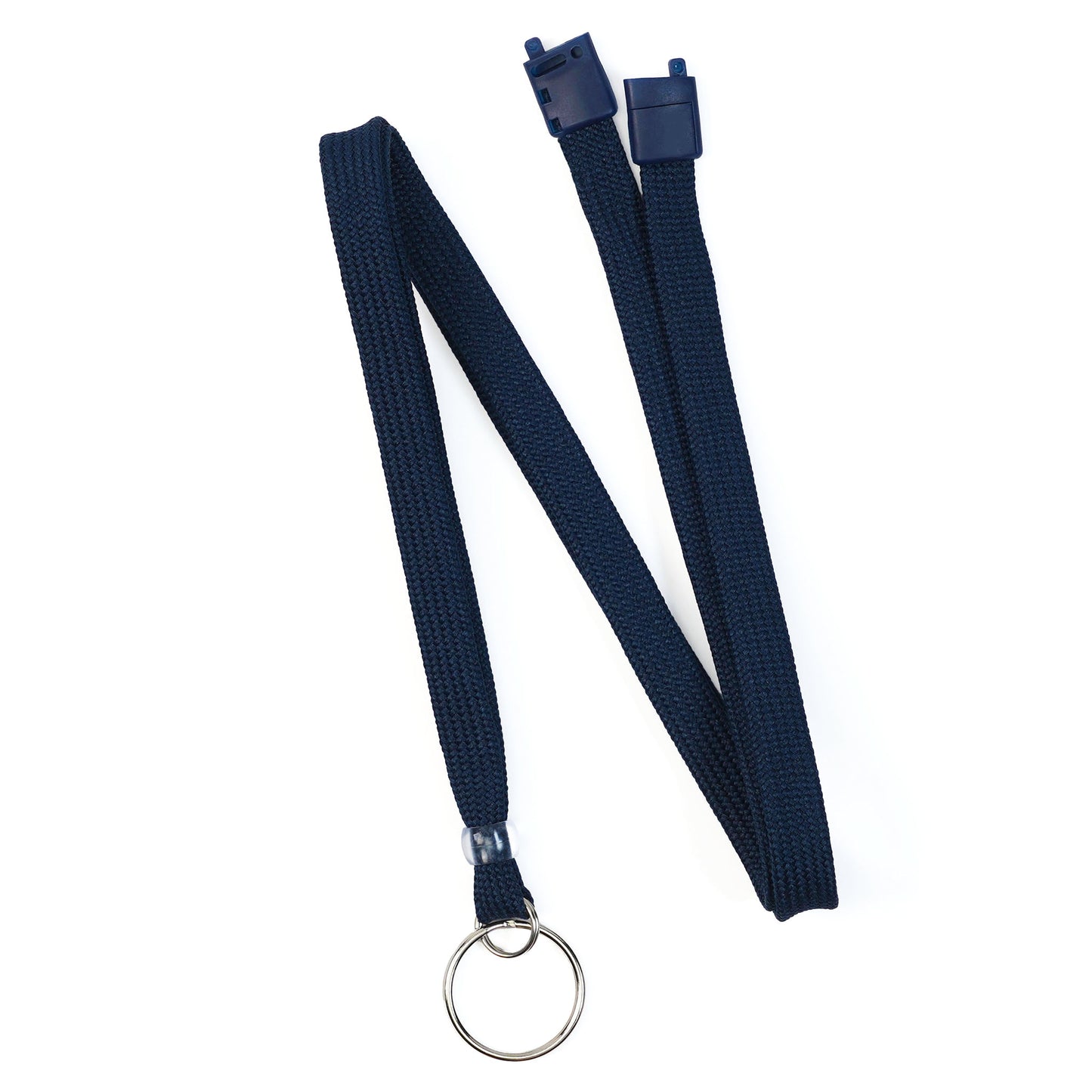 Premium Key Ring Lanyard with Breakaway Clasp (BL-34R) in dark blue, featuring a 3/8 inch wide strap, split ring keychain, and plastic breakaway connector, laid flat on a white background.