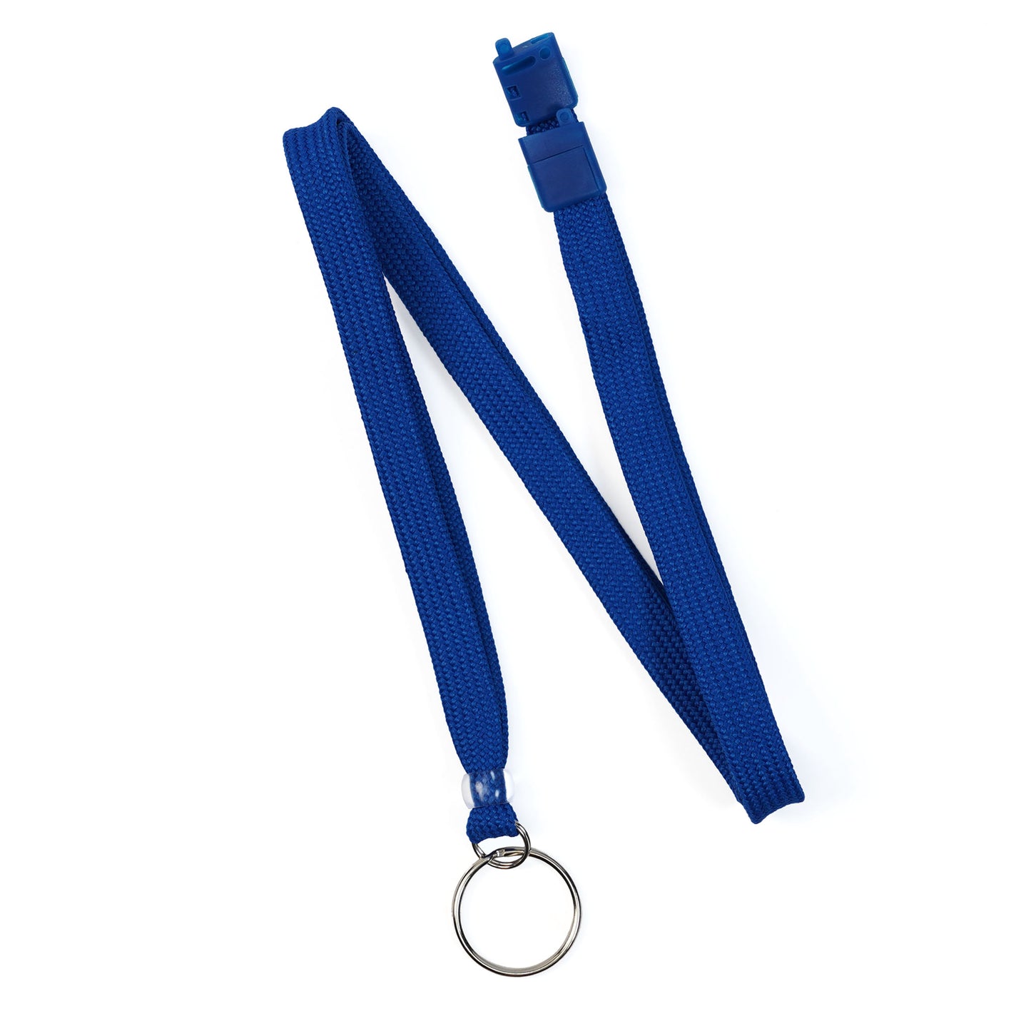 Premium Key Ring Lanyard with Breakaway Clasp (BL-34R), featuring a 3/8 inch wide blue lanyard and a metal split ring keychain, displayed flat on a white background.