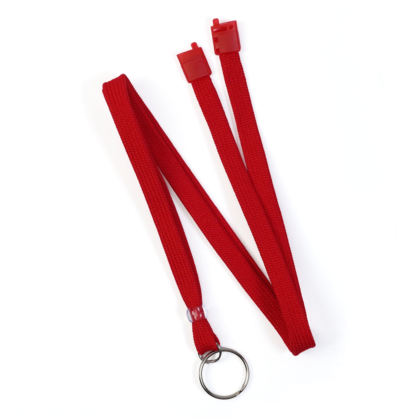 The Premium Key Ring Lanyard with Breakaway Clasp (BL-34R) features a red 3/8 inch wide fabric strap, a silver split ring keychain, and a breakaway safety clasp. It is displayed on a white background.