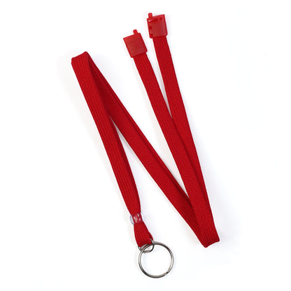The Premium Key Ring Lanyard with Breakaway Clasp (BL-34R) features a red 3/8 inch wide fabric strap, a silver split ring keychain, and a breakaway safety clasp. It is displayed on a white background.