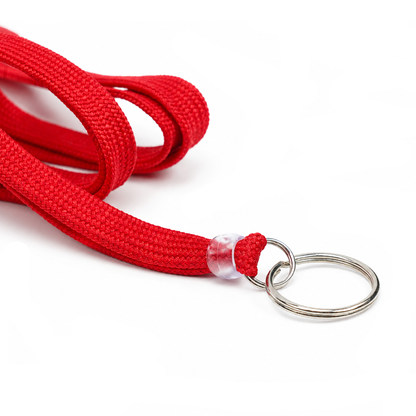 Premium Key Ring Lanyard with Breakaway Clasp (model BL-34R), featuring red 3/8 inch wide fabric, a split ring keychain, and a plastic fastening clasp, displayed on a white background.