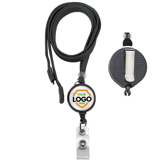 A Custom Breakaway Lanyard ID Holder Badge Reel Combo featuring a round base, clip, and customizable logo area that reads "Your Logo Here" in the center. Perfect for boosting brand awareness and showcasing a professional image.
