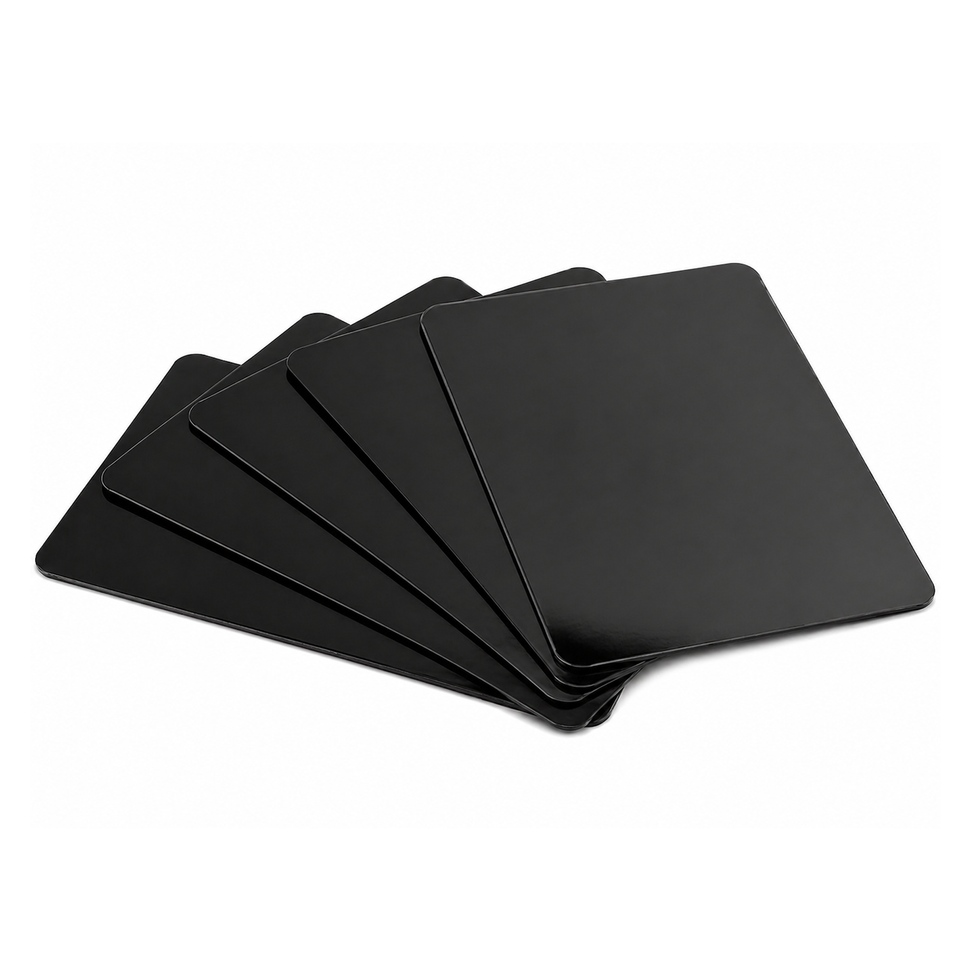 Five of the Blank White PVC Cards for ID Badge Printers - CR80 30 Mil (SPID-9630) are fanned out on a white background, showcasing their crisp, blank appearance—just like they look before being personalized with an ID card printer.