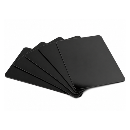 Five of the Blank White PVC Cards for ID Badge Printers - CR80 30 Mil (SPID-9630) are fanned out on a white background, showcasing their crisp, blank appearance—just like they look before being personalized with an ID card printer.