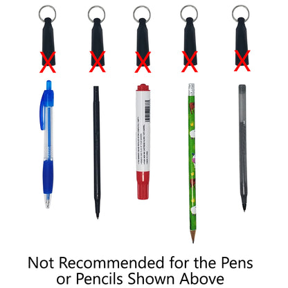 Image showing a row of pens and pencils below a row of pen grips marked with red Xs, indicating the grips are not recommended for the specified writing instruments. Text reads "Not Recommended for the Pens or Pencils Shown Above. Consider using a Heavy Duty Retractable Pull Pen & Pencil Holder Reel SPID-3240 instead.