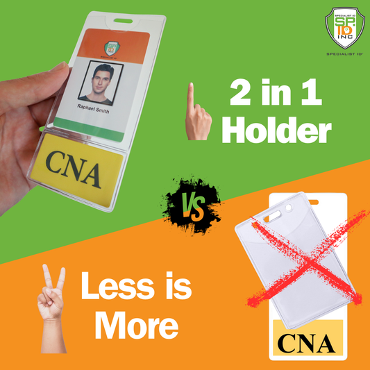 A hand holding a CNA BadgeBottom Badge Holder & Badge Buddy IN ONE!! - Vertical ID Badge Sleeve with Bottom Role Tag for Nurse Assistants with a photo ID and CNA badge. Below, the same badges in separate holders made of durable composite material with a red cross. Text reads: "2 in 1 Holder vs Less is More.