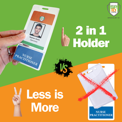 A 2-in-1 ID holder compares with a separate holder. Text reads "2 in 1 Holder" and "Less is More," highlighting the practicality of NURSE PRACTITIONER BadgeBottom, a durable composite vertical ID sleeve with role tag, ideal for Nurse Practitioner badge holders.