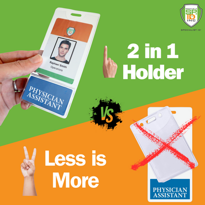 A hand holds a sleek 2-in-1 Physician Assistant BadgeBottom featuring a vertical ID sleeve, contrasting another labeled "Less is More" with a red cross. This intelligent BadgeBottom design blends practicality with professionalism for physician assistants.