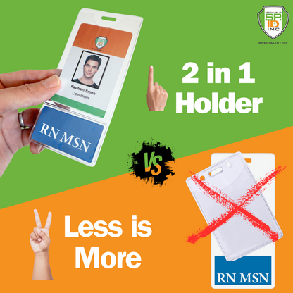 A hand holds an RN MSN BadgeBottom, a sleek vertical ID badge sleeve and bottom role tag, perfect for Registered Nurses with a Masters of Science in Nursing. The graphic contrasts it with regular holders, highlighting its "2 in 1 Holder" design and "Less is More" message against a vibrant background.