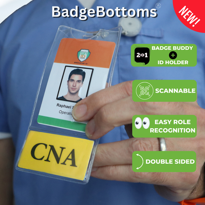 Close-up of a person holding a role identifying ID badge holder with dual compartments, one containing a photo ID and the other labeled "CNA." Made from durable composite material, this CNA BadgeBottom Badge Holder & Badge Buddy IN ONE!! - Vertical ID Badge Sleeve with Bottom Role Tag for Nurse Assistants is scannable, offers easy role recognition, and is double-sided for convenience.