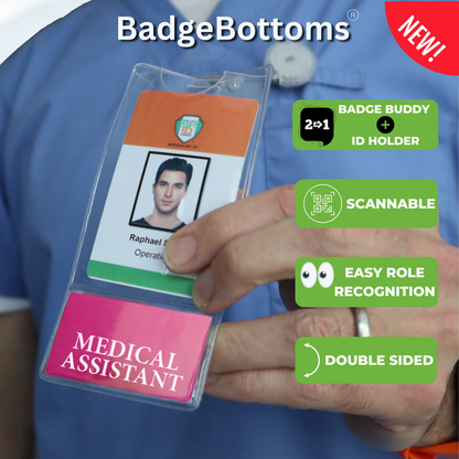 A person holds a MEDICAL ASSISTANT BadgeBottom Badge Holder & Badge Buddy, featuring scannability and easy recognition. This versatile vertical ID badge sleeve with a bottom role tag ensures quick identification and enhanced functionality for seamless role clarity.
