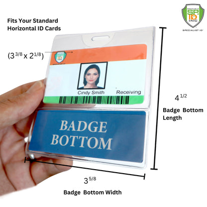 A hand holding a clear plastic badge holder with an ID card labeled "Cindy Smith, RN" and a blue card titled "RN BadgeBottom Badge Holder & RN Badge Buddy IN ONE!! - Horizontal ID Badge Sleeve with Bottom Role Tag for Registered Nurses." Dimensions and descriptions of these badge holders are indicated by text on the image. The blue card is from the RN BadgeBottoms® series, designed for medical titles.