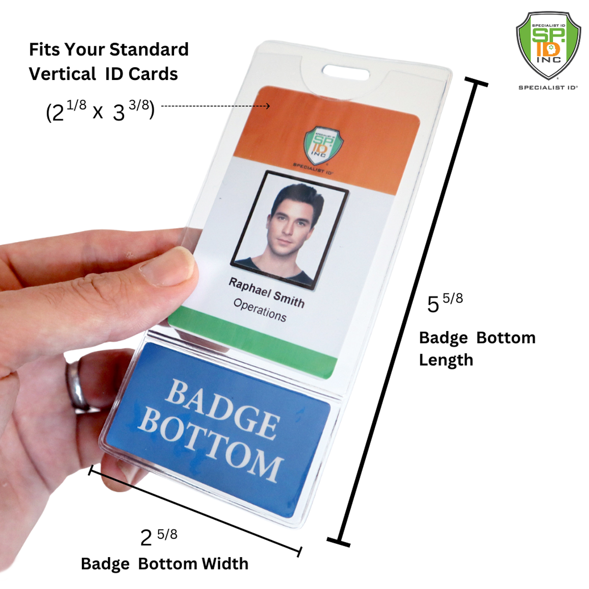 Badge Bottom Sleeve - Top portion holds standard vertical ID card - Bottom portion comes with title name tag  - 2 in 1 combo vertical